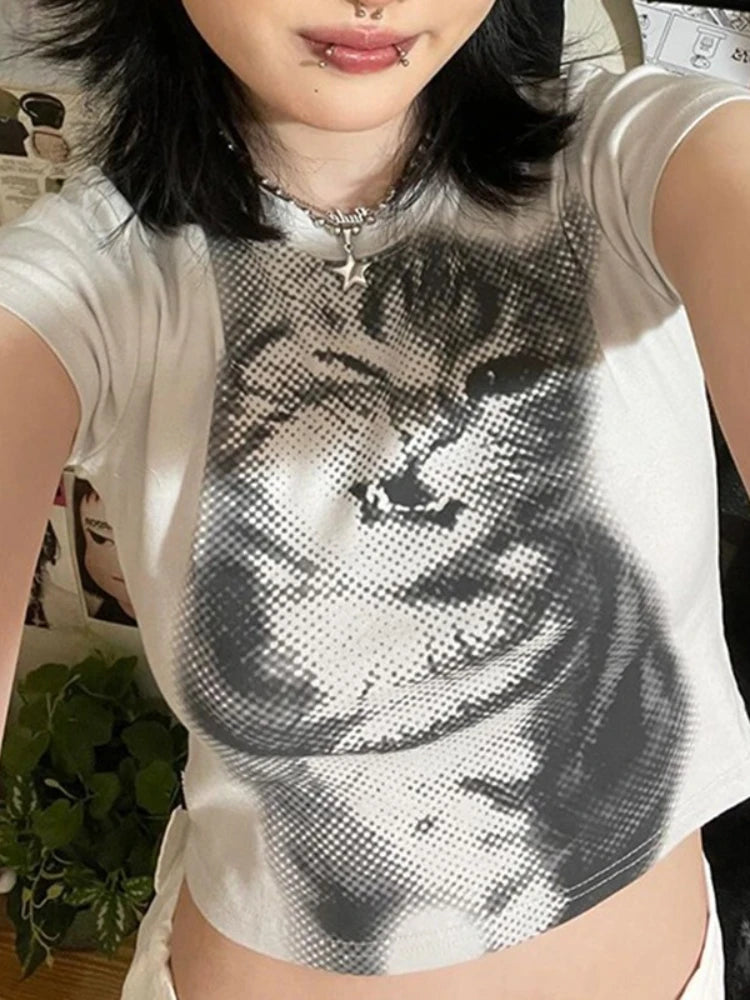 Vintage Korean Style Cat Print Color Block T-shirt Simple Round Neck Casual T-shirts Women Summer Short Sleeve Daily Wear Top